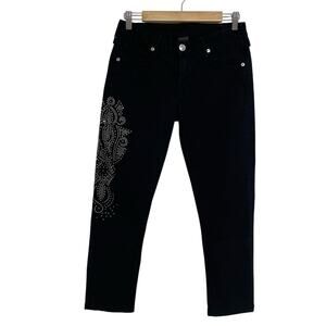 True Religion Black Mid Rise Bedazzled Skinny Ankle Jeans Y2K Womens 29 Studded